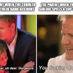 Older kids vs younger kids | THE PARENT WHEN THE TODDLER DELETES THEIR BANK ACCOUNT THE PARENT WHEN THE OLDER SIBLING SPILLS A CUP OF WATER | image tagged in gordon ramsay kids vs adults | made w/ Imgflip meme maker