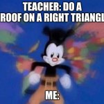 Yakko's World | TEACHER: DO A PROOF ON A RIGHT TRIANGLE; ME: | image tagged in yakko's world | made w/ Imgflip meme maker