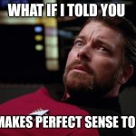 What if I told you it makes perfect sense to me | WHAT IF I TOLD YOU; IT MAKES PERFECT SENSE TO ME | image tagged in riker that looks scary | made w/ Imgflip meme maker