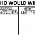 Who Would Win? | A  TRAINED 16 YEAR OLD WHO HAS BEEN WORKING SINCE HE WAS FIVE (TODOROKI) ONE ANGRY BOI (BAKUGOU) | image tagged in memes,who would win | made w/ Imgflip meme maker