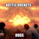 almost that time | BOTTLE ROCKETS; DOGS | image tagged in fallout 4 mushroom cloud | made w/ Imgflip meme maker