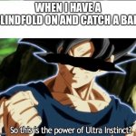 *ultra instinct theme starts playing* | WHEN I HAVE A BLINDFOLD ON AND CATCH A BALL | image tagged in ultra instinct | made w/ Imgflip meme maker