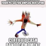 finally made this into a template | WHEN YOUR MOM UNPLUGS YOUR PC SO YOU UNPLUG HER SPINE; CERTIFIED CASH BANOOCA MOMENT | image tagged in certified cash banooca moment | made w/ Imgflip meme maker