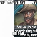 reeee | ME WHEN MY SISTERV ANNOYS MEH; HELP ME | image tagged in i feel my brain cells commiting suicide one by one | made w/ Imgflip meme maker
