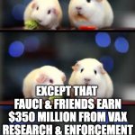 It's safe & effective | IT'S 
'SAFE & EFFECTIVE'
AND HAS NO CONFLICT OF INTEREST; EXCEPT THAT 
FAUCI & FRIENDS EARN $350 MILLION FROM VAX RESEARCH & ENFORCEMENT | image tagged in scared guinea pigs | made w/ Imgflip meme maker