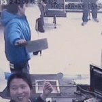 Asian robber with knife laughed at GIF Template
