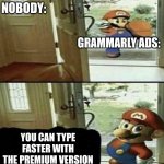 Grammarly breaks in | NOBODY:; GRAMMARLY ADS:; YOU CAN TYPE FASTER WITH THE PREMIUM VERSION | image tagged in mario breaks into your house and says a thing,mario | made w/ Imgflip meme maker