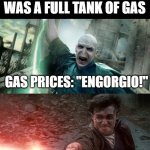 Expensive Petroleum! | ALL I WANTED WAS A FULL TANK OF GAS; GAS PRICES: "ENGORGIO!"; ME: "EXPENSIVE PETROLEUM!" | image tagged in harry potter meme | made w/ Imgflip meme maker