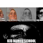 [insert cool title here] | "HEY LETS HANG OUT AFTER SCHOOL"; KID NAMED OUT; PEOPLE THAT UNDERSTOOD; PEOPLE THAT MISUNDERSTOOD; KID NAMED SCHOOL | image tagged in traumatized mr incredible 5 parts | made w/ Imgflip meme maker