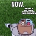 Repost | REPOST HIM TO MAKE HIM GO ON ADVENTURE AND TO TELL OTHERS TO TOUCH GRASS | image tagged in now | made w/ Imgflip meme maker