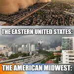U.S. weather in a nutshell | THE WESTERN UNITED STATES:; THE EASTERN UNITED STATES:; THE AMERICAN MIDWEST: | image tagged in mike wazowski storm dog,weather,america,memes,funny | made w/ Imgflip meme maker