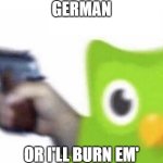 U better continue your lessons | GERMAN OR I'LL BURN EM' | image tagged in duolingo gun,german,funny,memes,language,duolingo | made w/ Imgflip meme maker