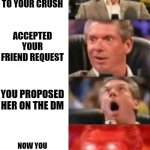 to my bitch | YOU'VE SENT FRIEND REQUEST TO YOUR CRUSH ACCEPTED YOUR FRIEND REQUEST YOU PROPOSED HER ON THE DM NOW YOU CANNOT REPLY TO THIS CONVERSATION | image tagged in mr mcmahon reaction,crush | made w/ Imgflip meme maker