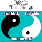 insert title here | Nobody:; Yin and Yang:; I got black; I got white; Whatchu want? | image tagged in yin yang,i got black i got white what ya want | made w/ Imgflip meme maker