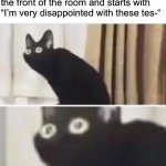 This happened to me the other day, I hate when teachers give lectures about test scores | When you get your test back from the teacher and she walks to the front of the room and starts with “I’m very disappointed with these tes-“  | image tagged in oh no black cat,memes,funny,true story,teachers,test | made w/ Imgflip meme maker