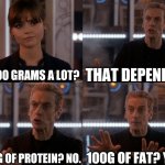 Food Context | THAT DEPENDS. IS 100 GRAMS A LOT? 100G OF PROTEIN? NO. 100G OF FAT? YES! | image tagged in depends on the context | made w/ Imgflip meme maker