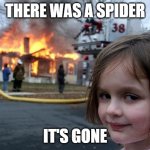 Disaster Girl | THERE WAS A SPIDER IT'S GONE | image tagged in memes,disaster girl | made w/ Imgflip meme maker