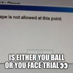No escape | IS EITHER YOU BALL OR YOU FACE TRIAL👀 | image tagged in no escape | made w/ Imgflip meme maker