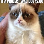 me at 12:01 | ME AT 12:01 KNOWING IT A PROJECT WAS DUE 12:00 | image tagged in memes,grumpy cat | made w/ Imgflip meme maker