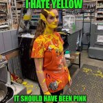 HOME DEPOT PAINT GIRL | I HATE YELLOW IT SHOULD HAVE BEEN PINK | image tagged in home depot paint girl | made w/ Imgflip meme maker