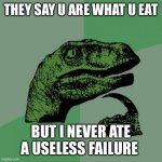 Failures | THEY SAY U ARE WHAT U EAT BUT I NEVER ATE A USELESS FAILURE | image tagged in memes,philosoraptor | made w/ Imgflip meme maker