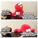 elmo cocaine | REMEMBERING WHAT I WAS TAUGHT IN SCHOOL REMEMBERING EVERY FUNNY MEME I’VE SEEN ME REMEMBERING WHAT I WAS TAUGHT IN SCHOOL REMEMBERING EVERY  | image tagged in elmo cocaine | made w/ Imgflip meme maker