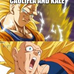 Goku | GOKU VS CAULIFLA AND KALE; GOKU VS BEERUS | image tagged in dragon ball super | made w/ Imgflip meme maker