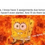 Why can't I just get my work started :( | "Yes, I know have 3 assignments due tomorrow that I haven't even started. And I'll do them later..." *me dying inside* | image tagged in spongebob in flames | made w/ Imgflip meme maker
