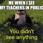 WHen I see my teachers in public | ME WHEN I SEE MY TEACHERS IN PUBLIC | image tagged in you didn't see anything | made w/ Imgflip meme maker