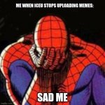 hopefully he doesn´t stop | ME WHEN ICEU STOPS UPLOADING MEMES: SAD ME | image tagged in memes,sad spiderman,spiderman | made w/ Imgflip meme maker