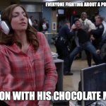 Gina unbothered headphones meme | EVERYONE FIGHTING ABOUT A POINT IN THE END ZONE; SIMON WITH HIS CHOCOLATE MILK | image tagged in gina unbothered headphones meme | made w/ Imgflip meme maker