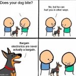 does your dog bite blank | No, but he can hurt you in other ways. Does your dog bite? Bargain electronics are never actually a bargain. | image tagged in does your dog bite blank | made w/ Imgflip meme maker
