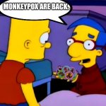 Millhouse volvio en forma de fichas | MONKEYPOX ARE BACK. | image tagged in millhouse volvio en forma de fichas | made w/ Imgflip meme maker