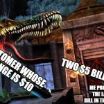 Relatable to anyone who has worked in a fast food restaurant | CUSTOMER WHOSE CHANGE IS $10; TWO $5 BILLS; ME PROTECTING THE LAST $10 BILL IN THE REGISTER | image tagged in guy shooting at spinosaurus,fast food worker | made w/ Imgflip meme maker
