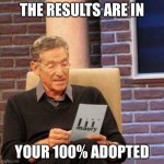 Sad | THE RESULTS ARE IN YOUR 100% ADOPTED | image tagged in memes,maury lie detector | made w/ Imgflip meme maker