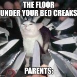 smug cat surrounded by knives | THE FLOOR UNDER YOUR BED CREAKS; PARENTS: | image tagged in smug cat surrounded by knives | made w/ Imgflip meme maker