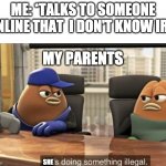 :( | ME: *TALKS TO SOMEONE ONLINE THAT  I DON'T KNOW IRL* SHE MY PARENTS | image tagged in he's doing something illegal,memes,parents | made w/ Imgflip meme maker