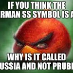 its called Prußia | IF YOU THINK THE GERMAN SS SYMBOL IS A B; WHY IS IT CALLED PRUSSIA AND NOT PRUBIA? | image tagged in realistic angry birds,prussia | made w/ Imgflip meme maker