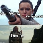 Rey handing Luke his lightsaber | Star Wars; George Lucas; Disney | image tagged in rey handing luke his lightsaber | made w/ Imgflip meme maker