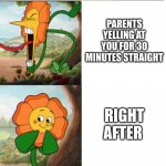 they always do that mood switch | PARENTS YELLING AT YOU FOR 30 MINUTES STRAIGHT RIGHT AFTER | image tagged in cuphead flower,memes,funny,funny memes,relatable,change my mind | made w/ Imgflip meme maker