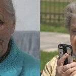 Two old elderly women on cell phone