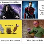 Who is Elon | What the Democrats thinks of Elon... What the Republicans thinks of Elon... What Libertarians think of Elon... What Elon really is..... | image tagged in 4 square grid | made w/ Imgflip meme maker