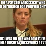 Amber Heard the turd of Hollywood | I'M A PSYCHO NARCISSIST WHO BLAMED ON THE DOG FOR POOPING ON THE BED BUT, I WAS THE ONE WHO DONE IT, I'M A TURD AND A BITCHY ACTRESS WHO'S A | image tagged in amber turd | made w/ Imgflip meme maker