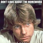 Luke Skywalker-I care | WHEN SOMEONE TELLS ME THEY DON’T CARE ABOUT THE HOMEWORK | image tagged in luke skywalker-i care | made w/ Imgflip meme maker
