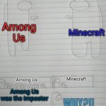 What game is better? | Among Us; Minecraft; Minecraft; Among Us; WHY?!! Among Us was the impostor | image tagged in crewmate blaming another crewmate,memes,who would win,funny | made w/ Imgflip meme maker