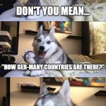 Sorry, not sorry | HOW MANY COUNTRIES ARE THERE? DON'T YOU MEAN... "HOW GER-MANY COUNTRIES ARE THERE?" | image tagged in memes,bad pun dog,funny | made w/ Imgflip meme maker