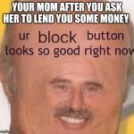 Ur block button looks so good right now | YOUR MOM AFTER YOU ASK HER TO LEND YOU SOME MONEY | image tagged in ur block button looks so good right now | made w/ Imgflip meme maker