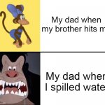 This is kinda true tho | My dad when my brother hits me; My dad when I spilled water | image tagged in coco the monkey and ajax the gorila,angry,dad,disney | made w/ Imgflip meme maker