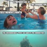 This was my school concert last night, this one is for all you musicians | FUR ELISE, SYMPHONY NO. 6, SYMPHONY NO. 41; THE CONDUCTOR; BEETHOVEN’S NINTH; THE “RECOGNIZABLE” PIECE (AS SAID BY THE CONDUCTOR) | image tagged in baby drowning,music,funny,memes,funny memes,why are you reading the tags | made w/ Imgflip meme maker