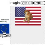 european gang | PAYING FOR HEALTHCARE; THE EUROPEAN GANG | image tagged in meme gang,american,europe,healthcare | made w/ Imgflip meme maker